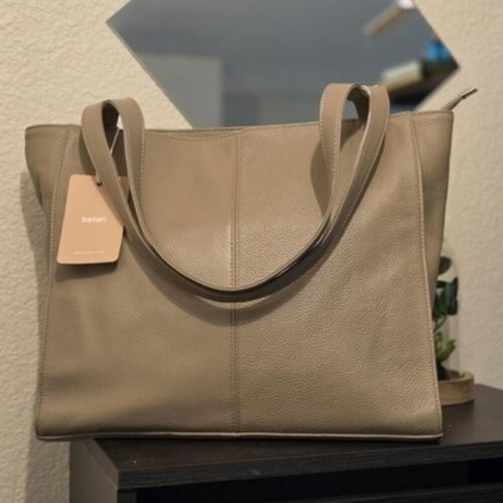 🆕Women Taupe Genuine Leather Work Leather Shoulder Laptop Compartment Handbag